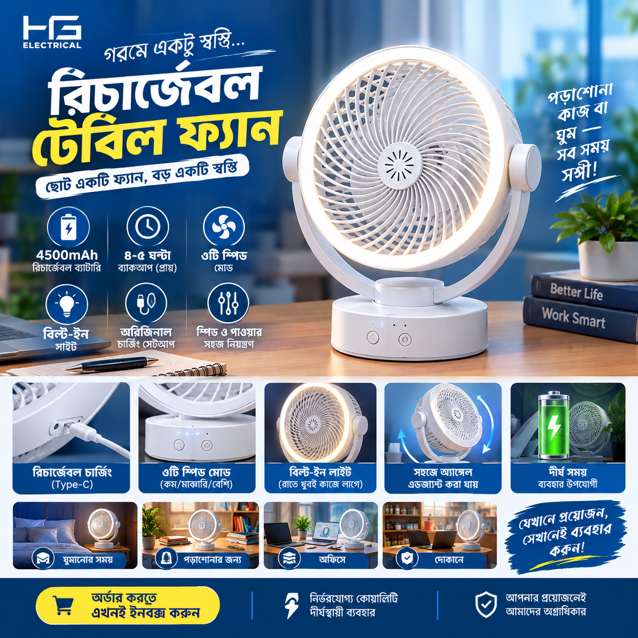 4500mAh Rechargeable Fan | 3 Speed + Light